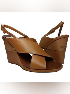 Tory Burch Gabrielle Leather Slingback Wedges Heels Royal Tan Size 9